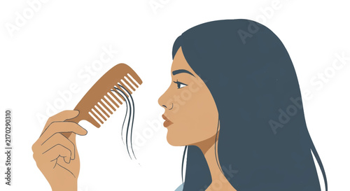 A minimalist flat vector of a woman looking at a wooden comb with a few strands of hair, representing postpartum hair loss awareness, slate blue and tan colors, minimalist flat vector artwork,