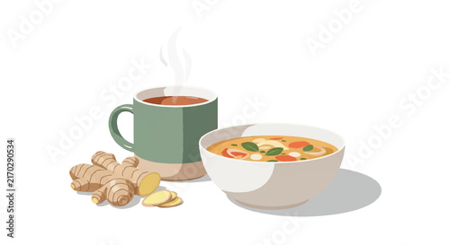 A minimalist still life of a steaming ceramic mug of herbal tea next to a bowl of nourishing soup and fresh ginger root, symbolizing postpartum recovery and warmth, bright overhead lighting,