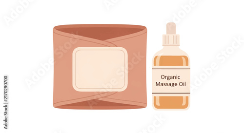 An illustration of a soft fabric postpartum abdominal binder or belly wrap neatly folded next to a bottle of organic massage oil, representing physical body recovery after birth, bright clean