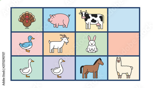 Educational grid layout showing various colorful farm animals including pig, cow, horse, duck, goose, rabbit, and alpaca.