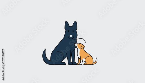 Large dark blue dog sitting next to a small orange puppy on a light gray background, illustrating friendship and companionship.