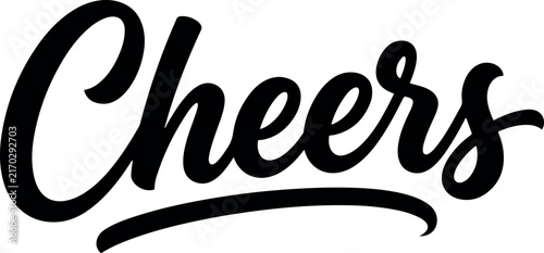 Elegant black handwritten typography design featuring the word cheers isolated on a white background for creative celebration greeting cards