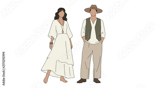 Modern couple standing together wearing stylish bohemian fashion outfits with a long dress, vest, and wide-brimmed hat.