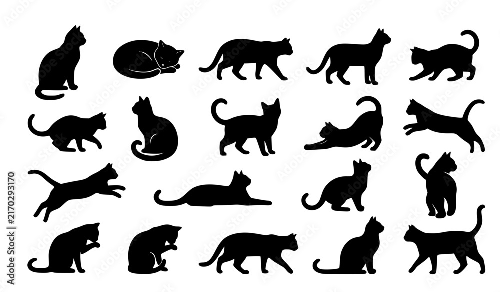 Obraz premium Set of Black Cat Silhouettes in Elegant Sitting Walking Jumping and Stretching Poses Isolated on White Background Vector Collection