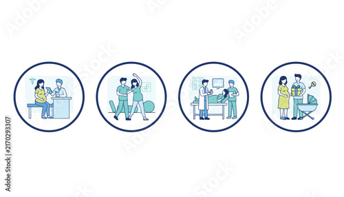 Set of four pregnancy icons showing prenatal care, maternity exercise, medical ultrasound, and preparing the baby room.