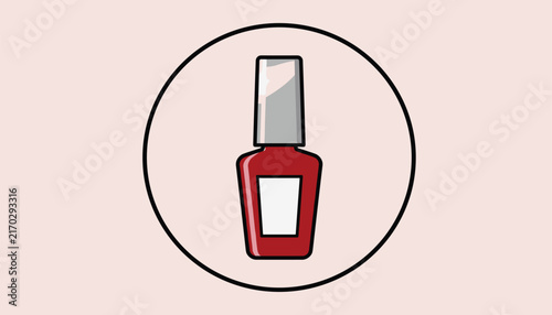 Stylish red nail polish bottle icon with a white label enclosed in a black circle against a soft pinkish background.