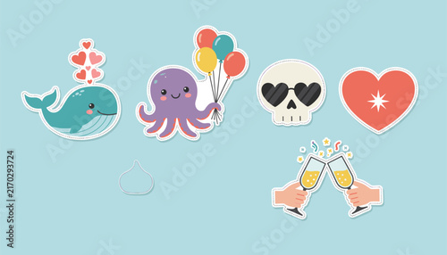 Colorful collection of cute lifestyle stickers including a whale, octopus with balloons, skull, heart, and cheering glasses.