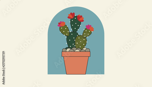 Prickly pear cactus with vibrant pink and orange flowers planted in a clay pot sits in front of a blue archway.
