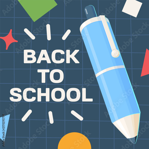 A sleek vector illustration of a blue pen with a clip and white text on a dark grid background with geometric accents. A modern educational graphic ideal for office supplies branding, school banners