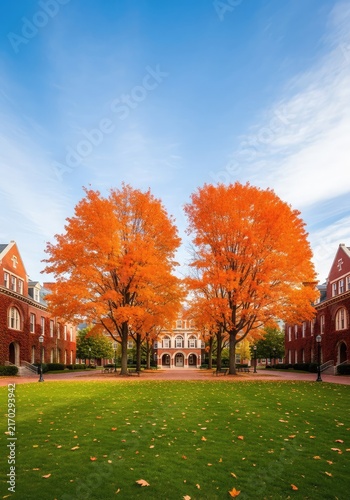 A scenic college campus quad featuring historic brick architecture and vibrant orange maple trees under a clear blue sky during autumn, lawn, exterior, learning