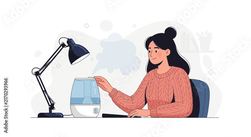 Woman using a humidifier at a desk, illustration of air quality, comfort, and well-being