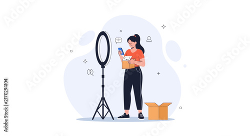 Woman with Ring Light and Boxes, Online Shopping and Influencer Concept Vector Illustration