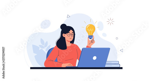 Woman with light bulb over laptop, symbolizing creativity, innovation, and idea generation in modern flat design.
