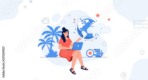Woman Working Remotely on Laptop with Global Network and Tropical Scenery - Digital Nomad Concept