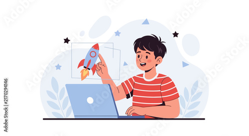 Young boy interacting with a rocket launch simulation on a laptop, symbolizing creativity, innovation, and future technology