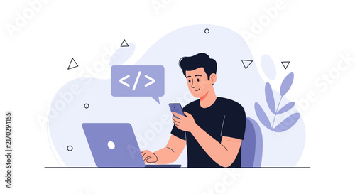 Young man coding on laptop and smartphone, with code symbol in speech bubble, modern flat illustration style