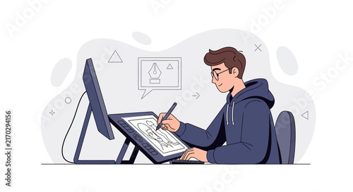 Young graphic designer working on a digital tablet, illustration, creativity, digital art, modern workspace