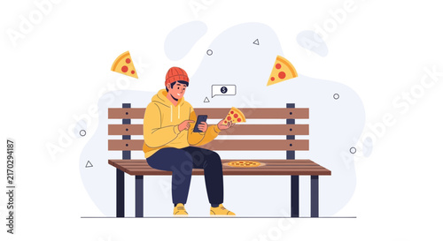 Young Man Eating Pizza and Using Smartphone on Park Bench, Food Delivery Concept