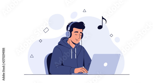 Young Man Listening to Music with Headphones and Laptop, Abstract Shapes and Musical Note