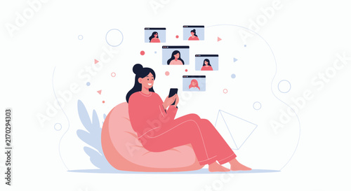 Young woman relaxing on a beanbag chair, video conferencing with friends on her smartphone, modern flat illustration style.