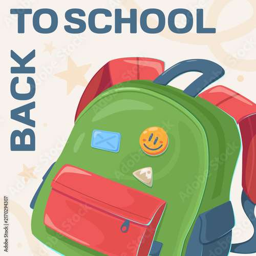 A flat vector illustration of a green school backpack with red straps and cute decorative pins on a light background. A cheerful school supply image ideal for stationery branding, kids' decor, and