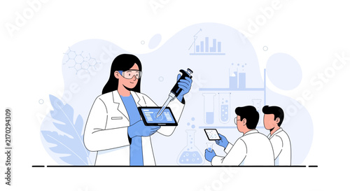 Scientists in Modern Laboratory Conducting Research with Pipettes and Tablets