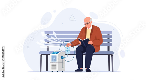 Senior man reading a book while using oxygen concentrator on a park bench, modern flat design vector illustration