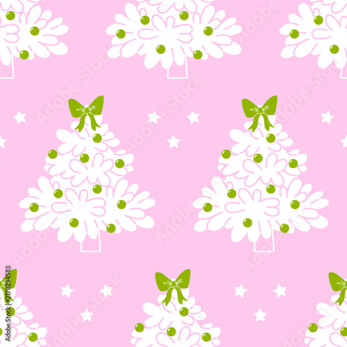 Christmas seamless patterns with Christmas trees. Coquette pink New Year's print. Festive winter background.