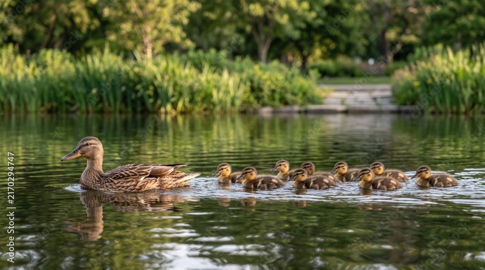 Fototapeta premium Mother duck swimming with ducklings in a pond