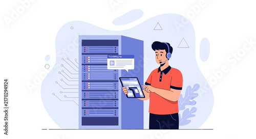 IT Support Technician with Headset and Tablet by Server Rack, Cloud Computing, Data Center Technology