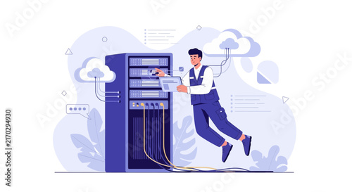 IT Technician Working on Server Rack with Cloud Integration and Network Cables