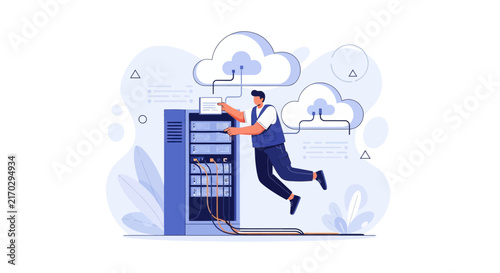 IT Technician Working on Server Rack with Cloud Integration, Modern Flat Vector Illustration