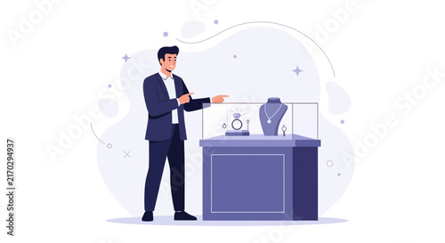 Jeweler in Suit Presenting Diamond Ring and Necklace from Display Case, Flat Design