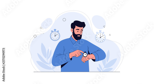 Man checking his wristwatch with a stopwatch in the background, representing time management and punctuality.