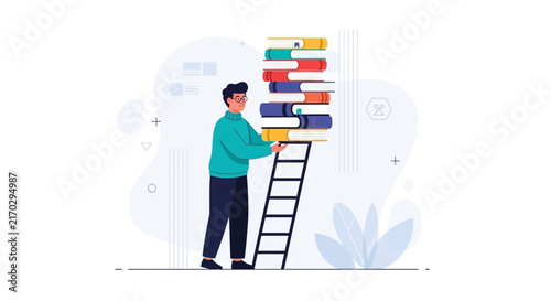 Man Climbing Ladder to Stack of Books, Concept of Knowledge, Education, Learning, and Research