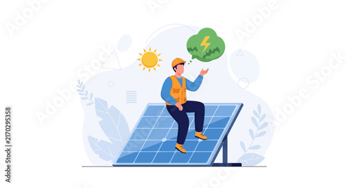 Solar energy technician considering renewable power generation, with sun and lightning bolt symbol.