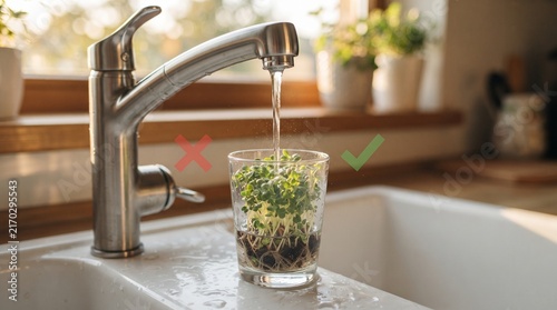 Growing Sprouts: A clear glass of fresh sprouts is being rinsed under running water from a kitchen faucet, with a green checkmark indicating approval and a red cross indicating disapproval.