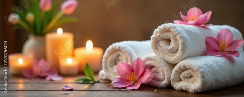 Soft spa towels, fresh flowers, lit candles, serene setting, vertical, style, elegance