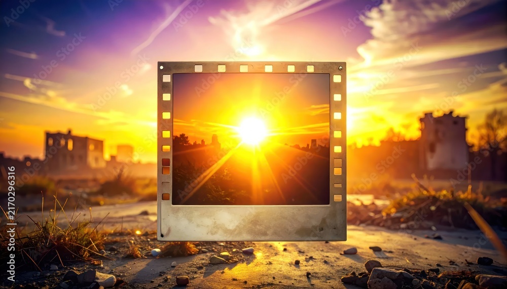 Obraz premium Bright sun through film slide in ruin