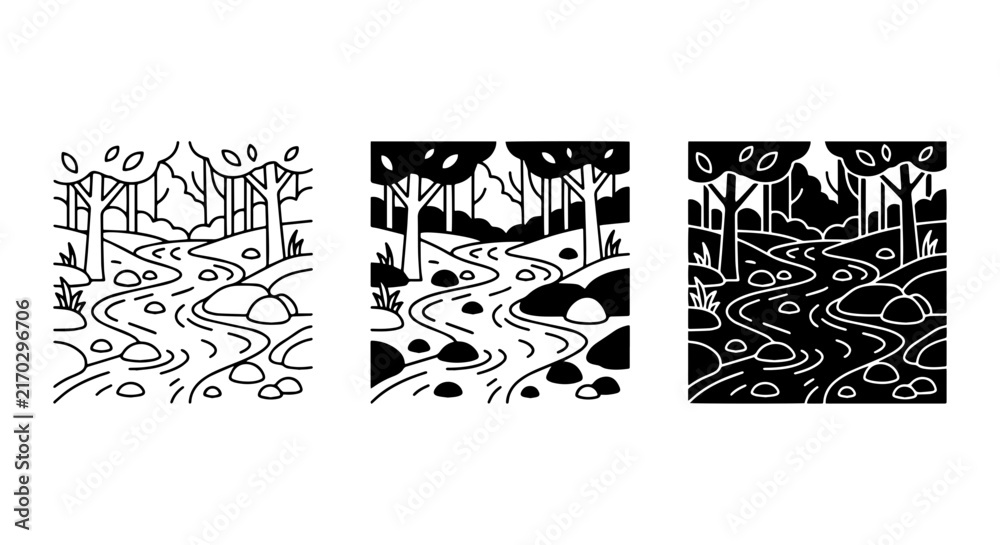 Obraz premium Forest Stream Icons, Nature Landscape Vector Graphics, Woodland River Art, Set of 3 Styles