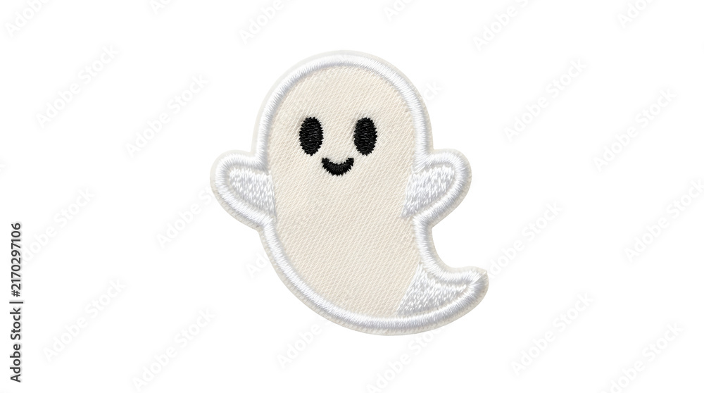 Fototapeta premium Cute ghost embroidered patch isolated on transparent background featuring smile, Halloween, cutout, png, no background, white, cartoon, spooky, handmade, stitched, textile, fabric and embroidery