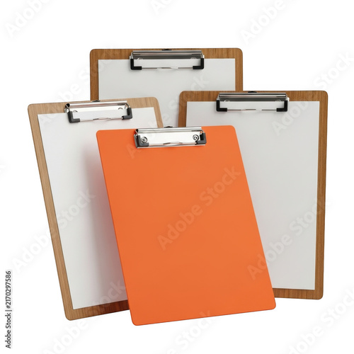 Three wooden clipboards with paper sheets isolated isolated on transparent background