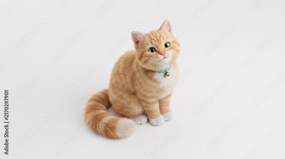 Fototapeta premium Cute 3D Render of an Orange Tabby Cat with Bell Collar Isolated on White Background