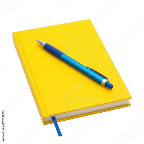 A yellow notebook with a blue pen on top isolated on transparent background