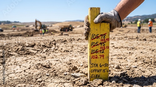 Worker holding yellow wooden survey stake at construction site