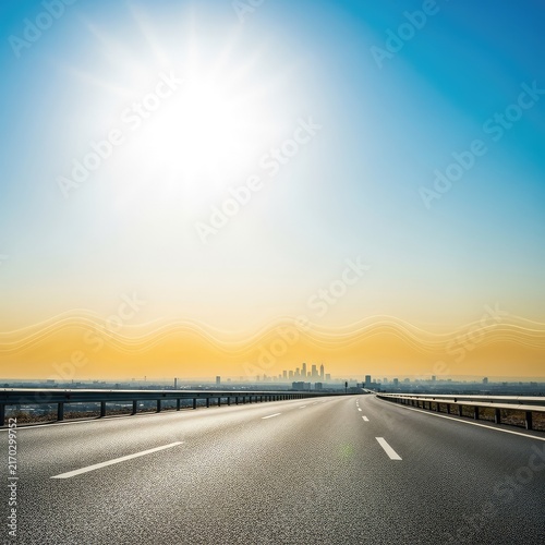 Shimmering heat waves rise from an empty asphalt road toward a hazy urban skyline under a blazing sun in a deserted metropolitan landscape, climate change, scorching, metropolitan
