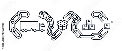 Supply chain logistics truck and package icons in chain