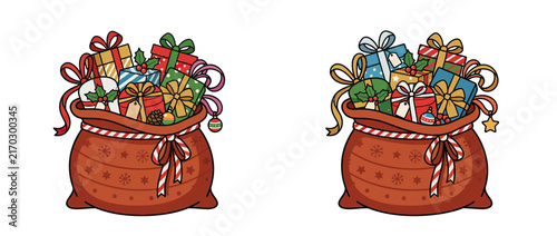 Two cartoon gift bags overflowing with presents and ribbons