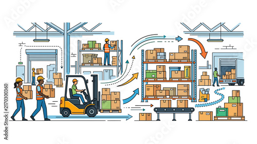 Warehouse logistics and delivery process illustration
