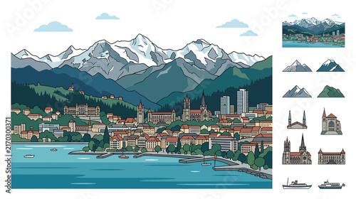 Alpine Cityscape with Lake and Mountains, Vector Illustration